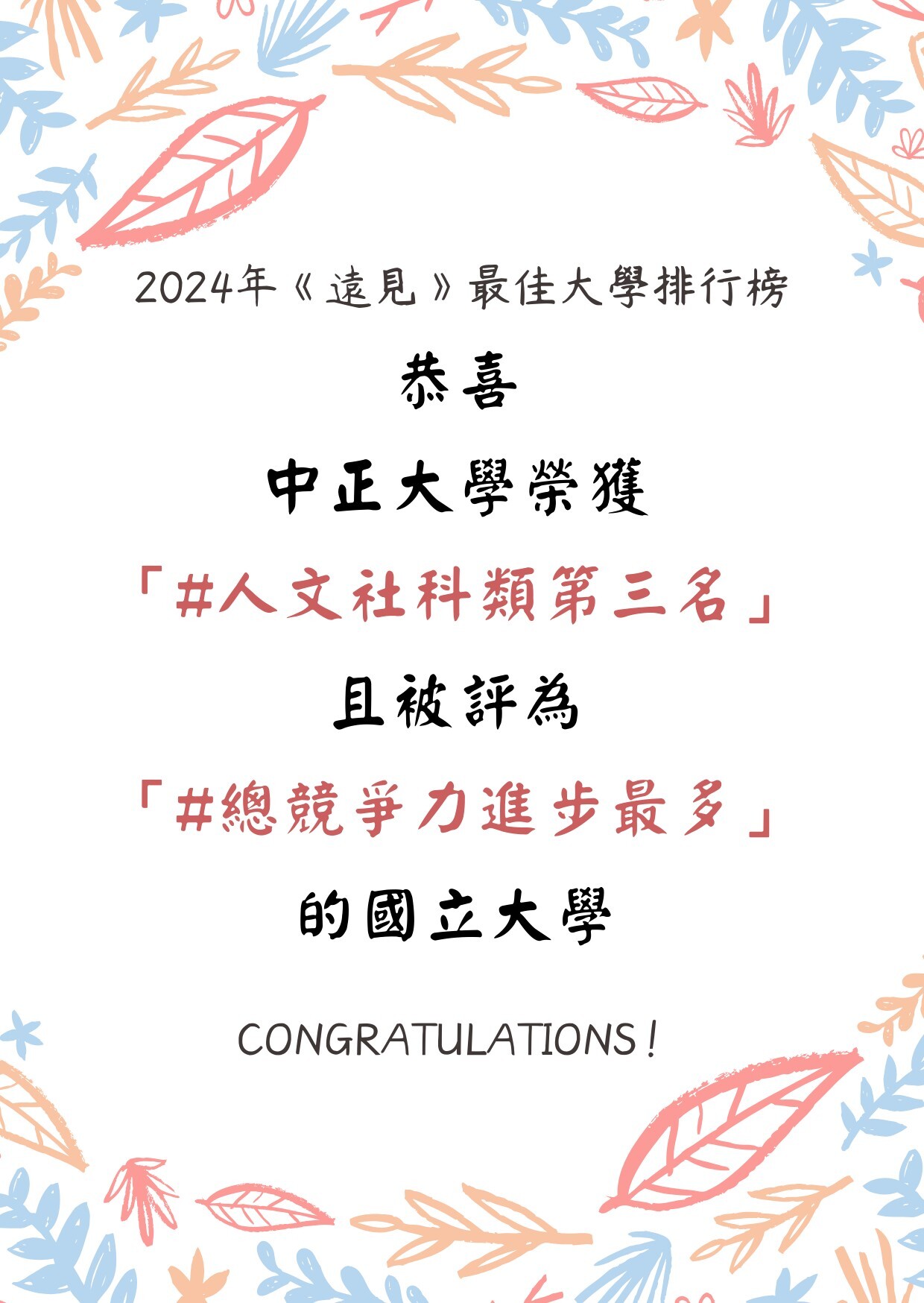 恭賀本校於2024年遠見最佳大學排行榜榮獲人文社科類第三名！