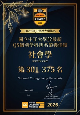 恭賀國立中正大學於2026年QS世界大學排名 "社會學"個別學科排名榮獲佳績！
